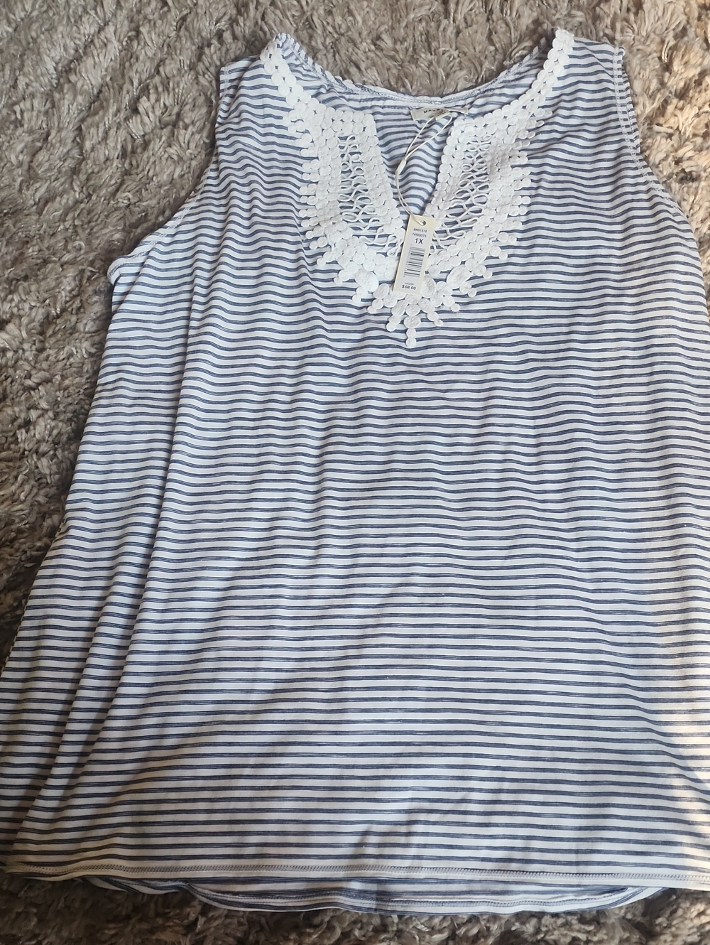 Max Studio White & Navy Striped Crochet-Trim Tank